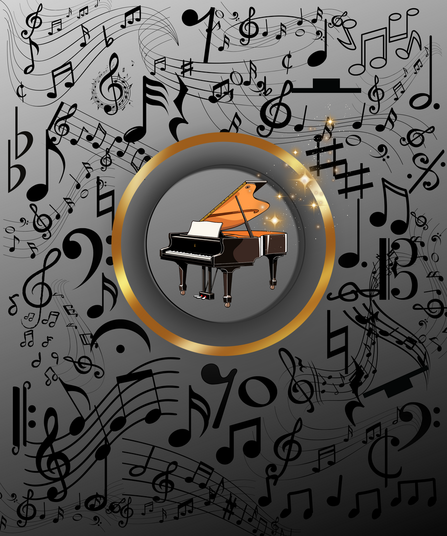 This graphic is on a gray gradient background with a gold circle that encircles the piano.  The piano is black, white and tan with stars pouring out of its frame onto the surrounding notations of every kind. 